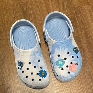 Blue tie dye crocs